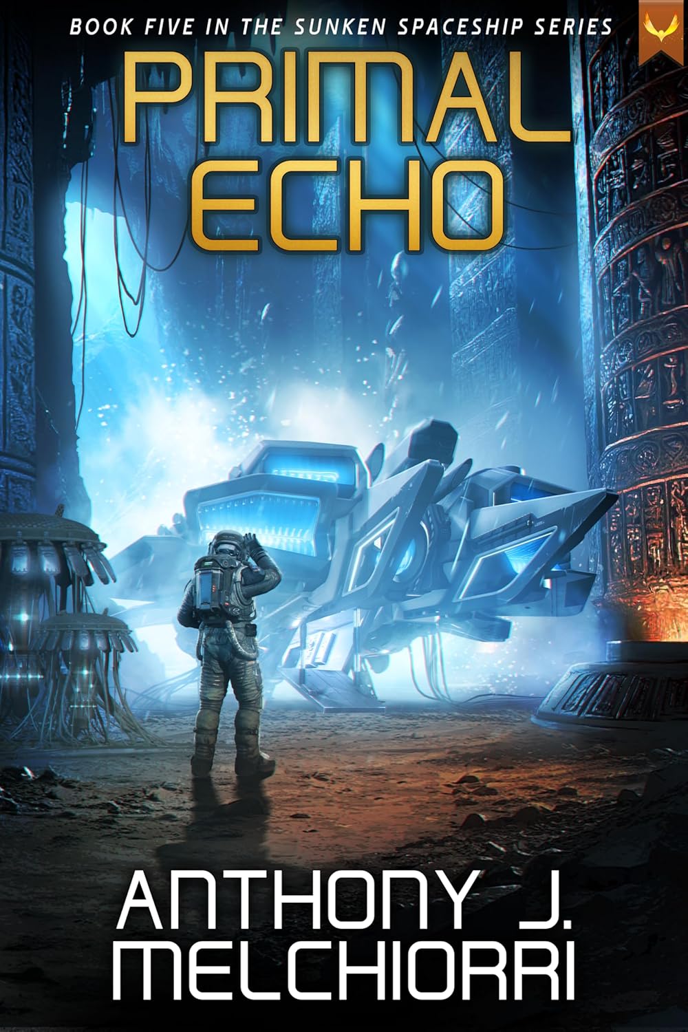 Primal Echo book cover showing a man heading toward a spaceship inside an ancient temple