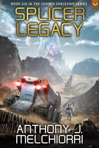 Cover of Splicer Legacy showing a person in an EVA suit next to an all-terrain space exploration vehicle.