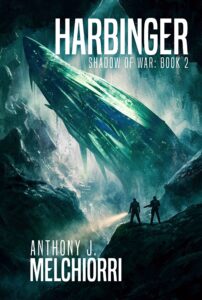 Book cover depicting an ancient alien starship in a cave with two explorers looking out over it from a cliff