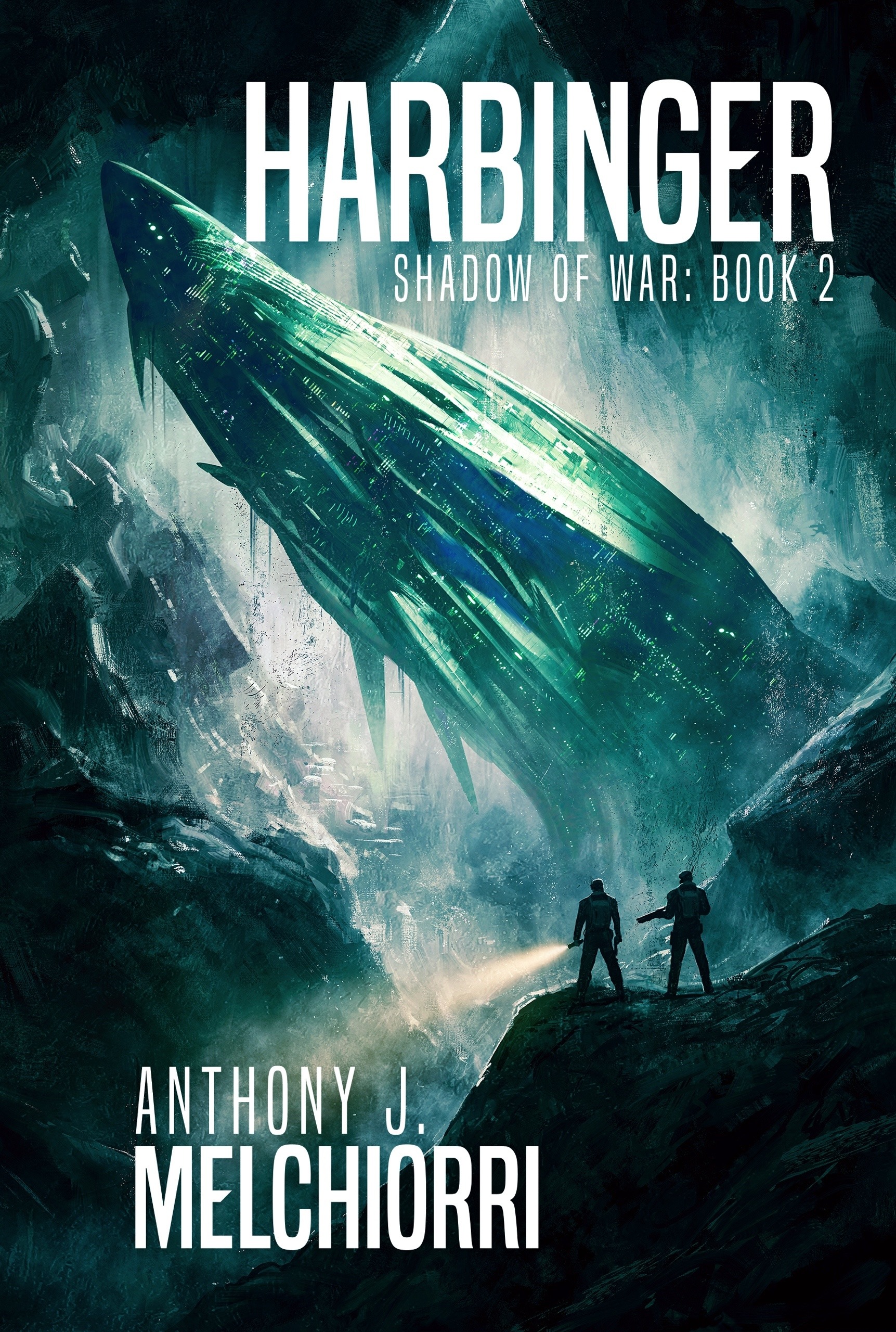 Book cover depicting an ancient alien starship in a cave with two explorers looking out over it from a cliff
